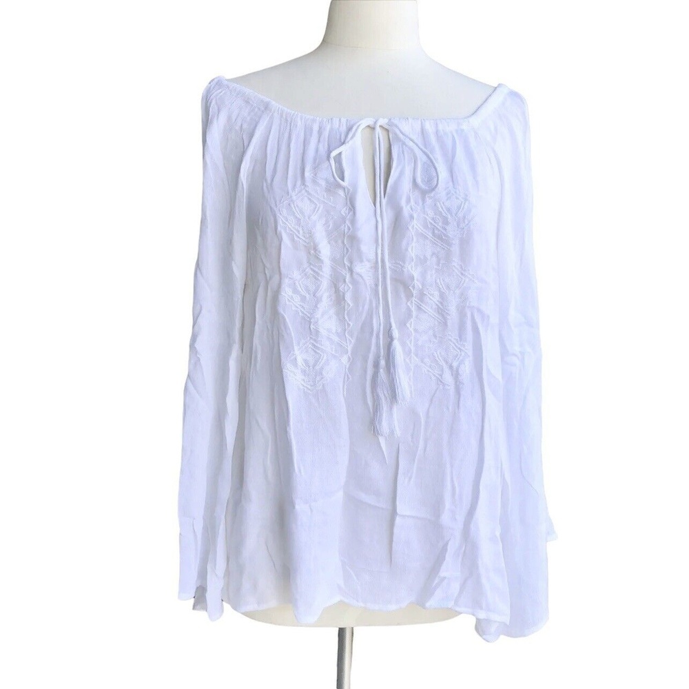 ELAN Top Women’s One Size White Tassel Rayon Long Sleeves Cold Shoulder Blouse